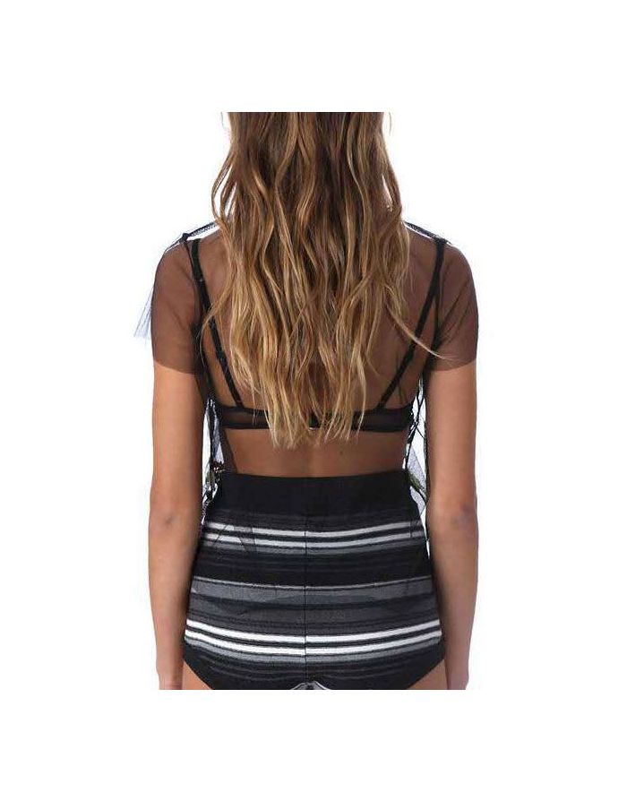 Rose Embroidered Mesh Short Sleeves Black See-through T-shirt