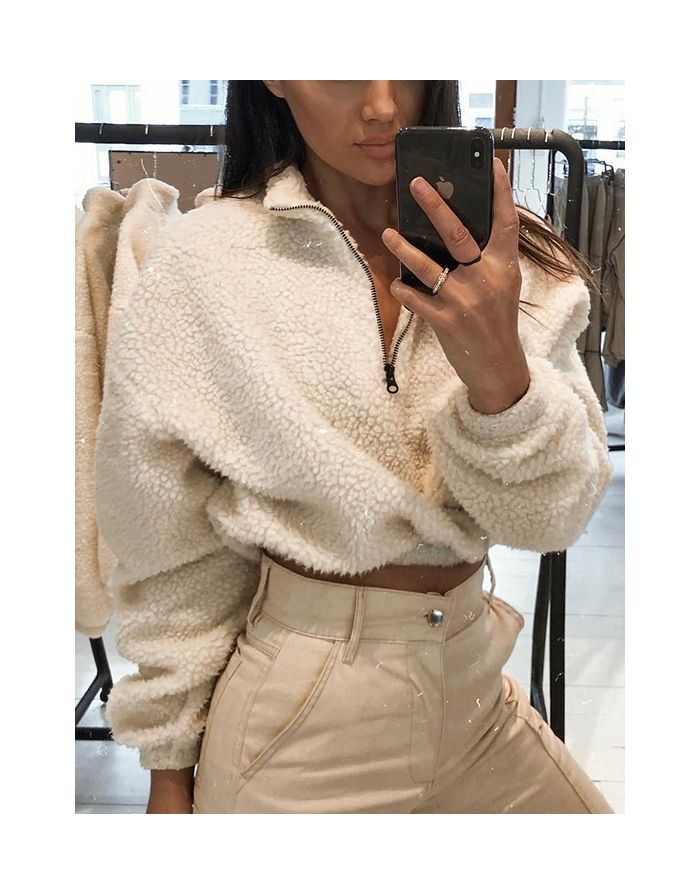 Long Sleeve Zipper Artificial Lamb Wool Warm Casual Sweatshirt Coat