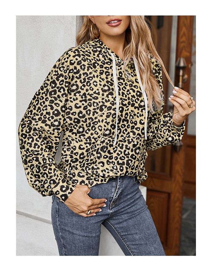 Fall Winter Women New Leopard Print Hoodies Fashion Loose Hooded Sweatshirt