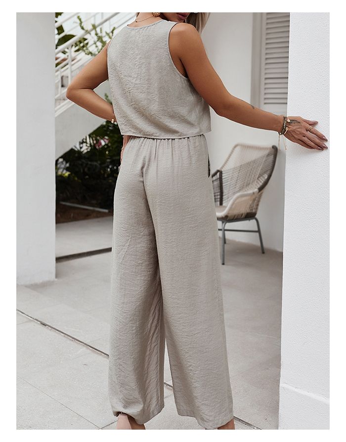 Spring Summer Two Piece Set Sleeveless V-Neck Single Breasted Vest Tops Drawstring Wide Leg Pants
